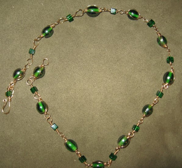 Gold Multi Wrapped Wire Irish Green Luster Glass Bead and Crystal Necklace