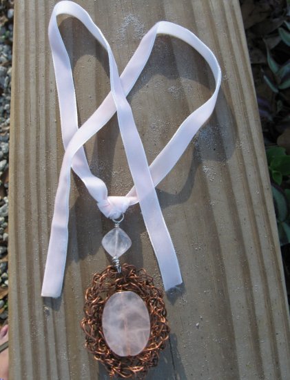Pink Velvet Ribbon Necklace, Crocheted Copper Wire Bezel Rose Quartz