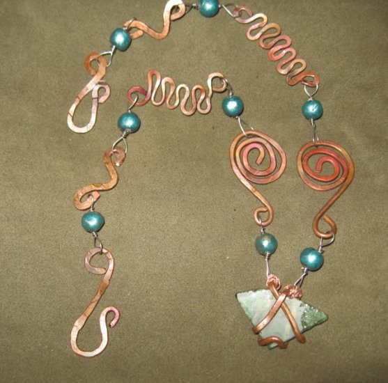 Genuine Green Sea (Beach) Glass Pendant, Hammered Copper Wrap, Zig-Zag, Swirls, Clay Bead Necklace