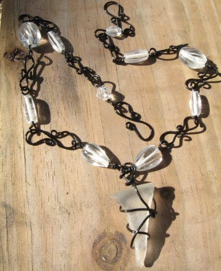 Black Wire Clear Glass Crystal Beads and wire wrapped Opaque (White) Sea Glass Pendant