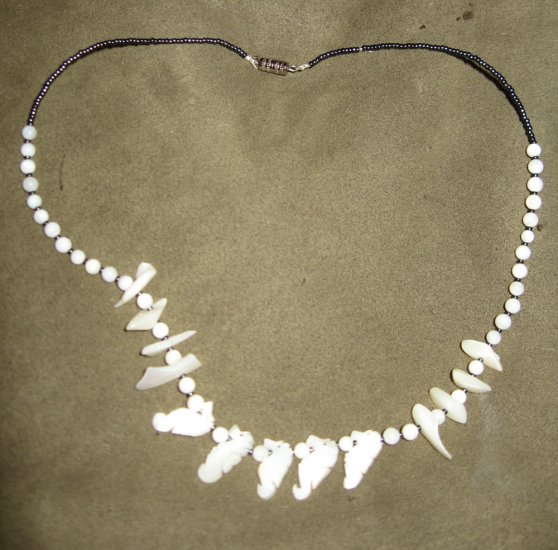 Cute White Fetish Mop Shell SEAHORSES with Black Eyes Necklace with Glass and Seed Beads
