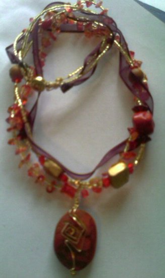 14k Gold Filled Wire Wrapped Red Sponge Coral Multistrand Necklace w/Glass Beads, Ribbon, Crystal