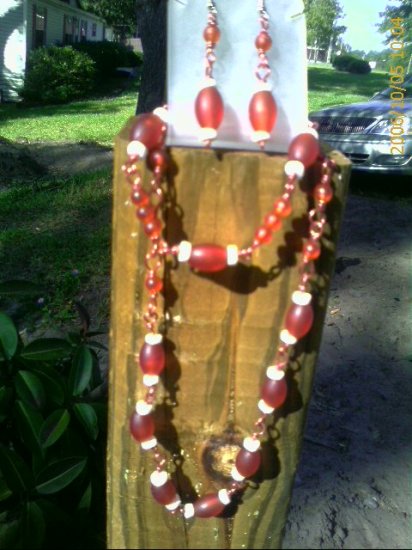 Orange-Amber Wire, Orange-Amber and White Acrylic Bead Necklace, Earrings, Bracelet Set