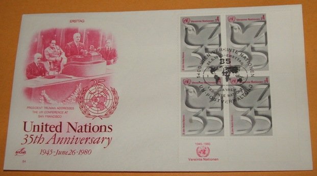 United Nations 35th Anniversary 1980 (Plate Block of 4) First Day Cover, FDC