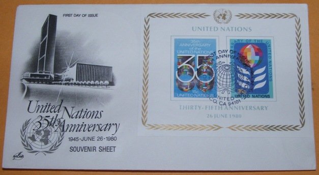 United Nations 35th Anniversary Souvenir Sheet, First Day Cover