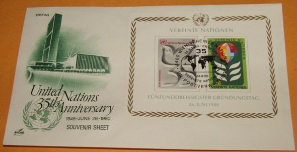 Foreign United Nations 35 Anniversary Souvenir Sheet First Day Cover