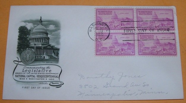 Legislative National Capital Sesquicentennial 1950, First Day Cover.