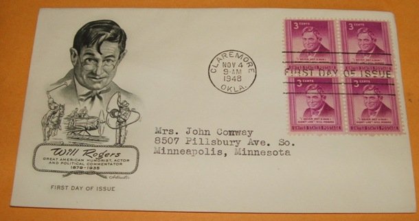 Will Rogers 1948 First Day Cover (Block of 4) FDC