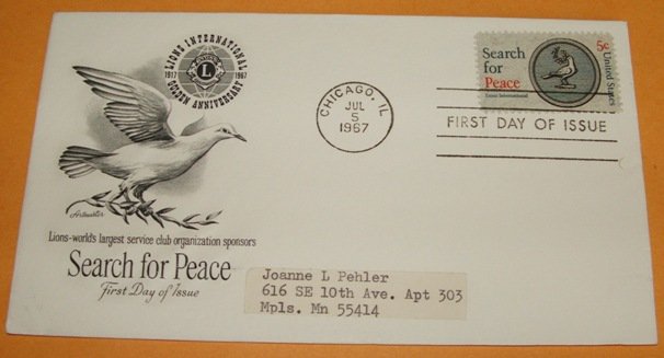Lions Club 50th Anniversary, Search for Peace, First Day Cover (FDC)