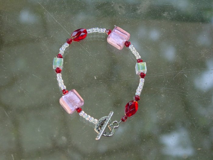 Cute pink, red and clear glass bracelet