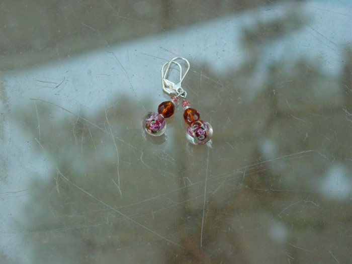Handcrafted pink and brown earrings