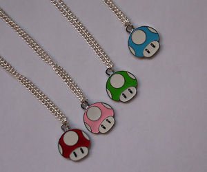MUSHROOM pendant NECKLACE retro GAMER red green silver chain UNISEX charm