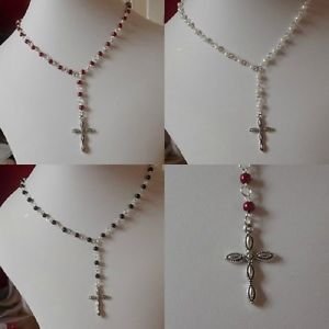 pearl NECKLACE with CROSS or ROSE pendant GLASS bead STRAND red white blue pink