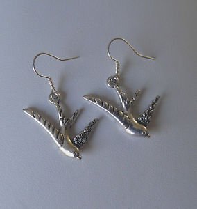 Swallow BIRD charm DROP earrings SILVER hooks PAIR boho