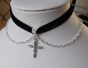Cross CHOKER necklace chain black velvet ribbon 13" CROSS ICON CHARM silver