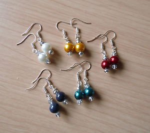 PEARL drop BEAD earrings silver plated white teal gold blue GLASS 20mm crystal