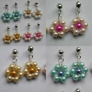 daisy FLOWER earrings GLASS PEARL silver plated stud wire white pink blue