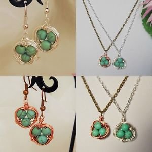 birds NEST pendant NECKLACE SET earrings SILVER BRONZE howlite TURQUOISE chain
