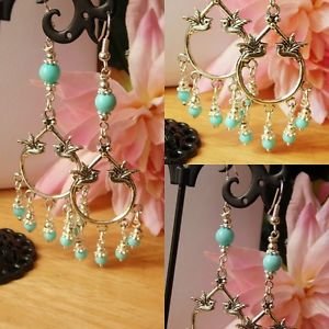 love BIRD chandelier EARRINGS 70mm BLUE bead glass BOHO silver plated hooks