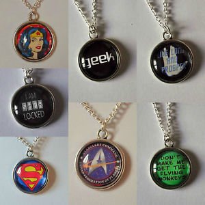 PENDANT necklace chain FANDOM based ROUND glass silver plated superhero quote