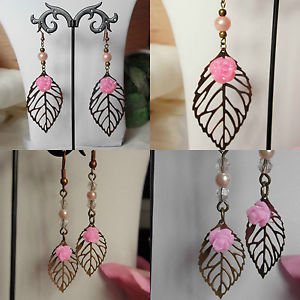 LEAF drop EARRINGS bronze pink bead FLOWER hooks FILIGREE dangle feminine