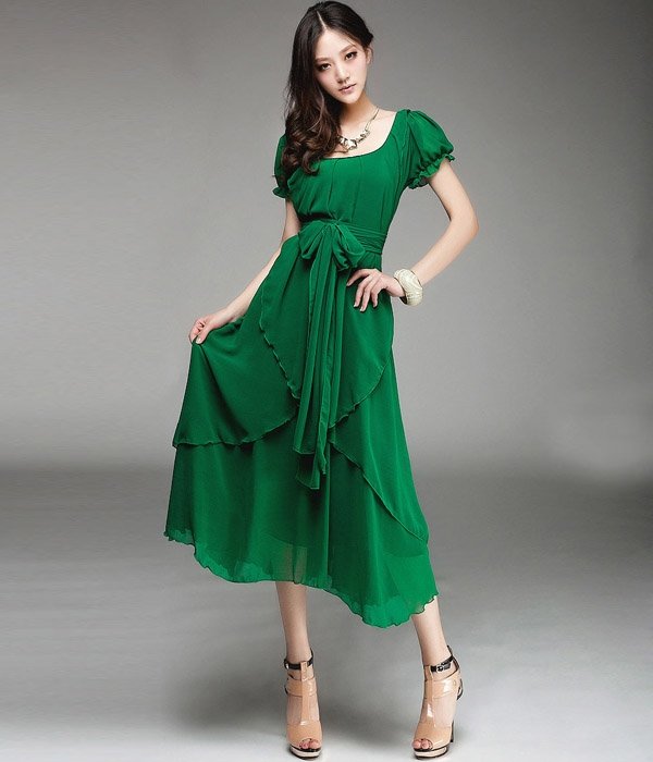 Fashion Short Ruffled Sleeves Irregular Hem U-Neck Long Chiffon Dress Solid Color Maxi Dress