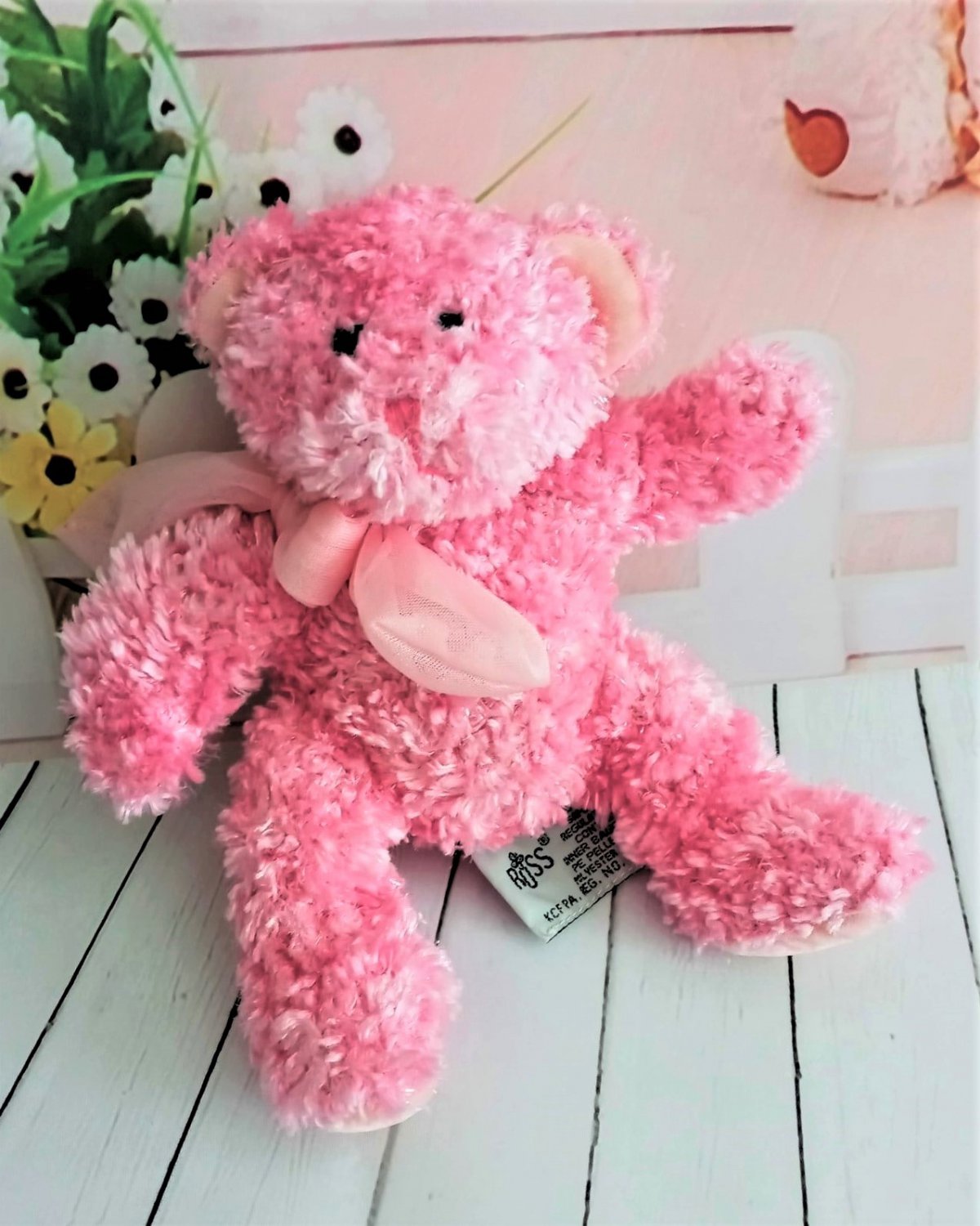 Russ Berrie Bubbles Pink Teddy Bear With Ribbon On Neck