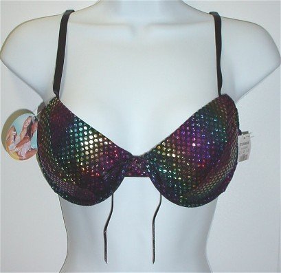 36B ~ Peeping Tom Padded Underwire Demi Pushup Shiny Black/Rainbow Polka Dot Bra 36 B