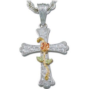 Black Hills Gold Rose On Silver Cross Necklace