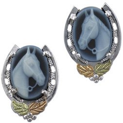 Black Hills Gold Agate Horse Cameo Silver Earrings