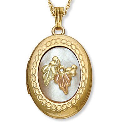 Black Hills Gold Leaves & Grapes Mother Of Pearl Locket Necklace