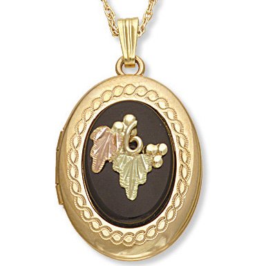 Black Hills Gold Leaves & Grapes Black Onyx Locket Necklace
