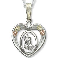 Black Hills Gold & Sterling Silver Heart Praying Hands Necklace