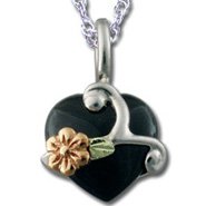 Black Hills Gold Black Onyx Cabochon Heart Sterling Silver Necklace