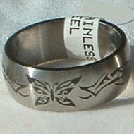 Stainless Steel Ring Band 3/8" Unisex Antiqued Butterfly