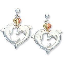 Black Hills Gold 2 Dolphins Heart Silver Earrings