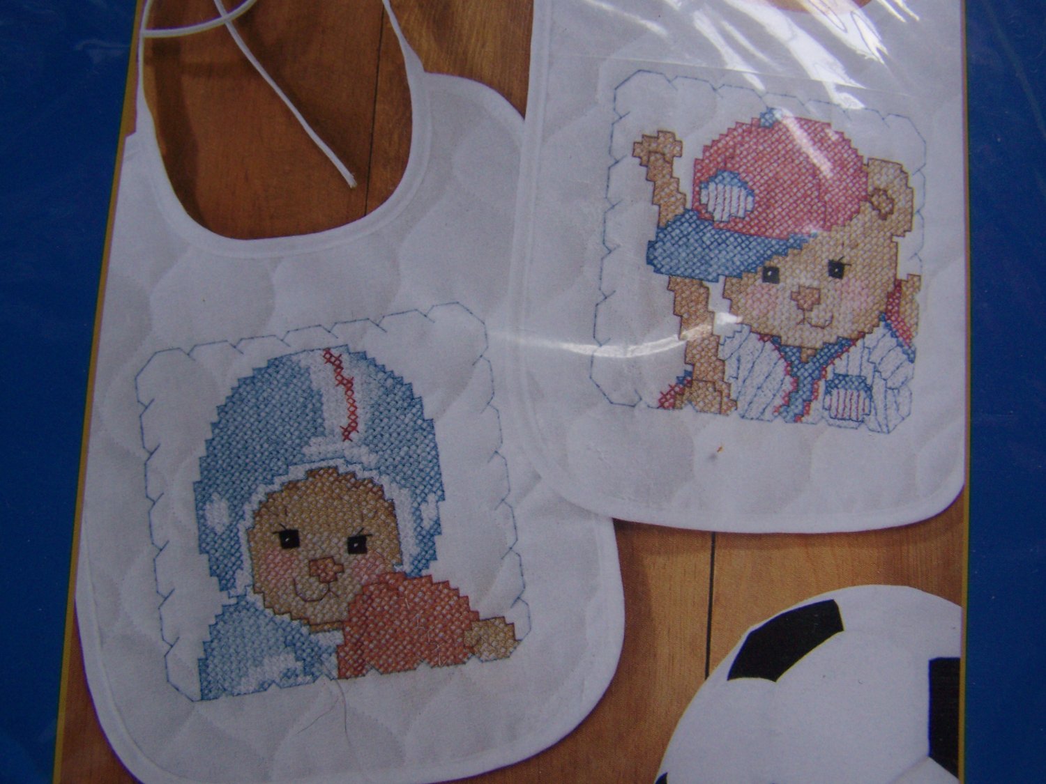 New Bucilla Sports Bears baby Bib Cross stitch kit Football Baseball