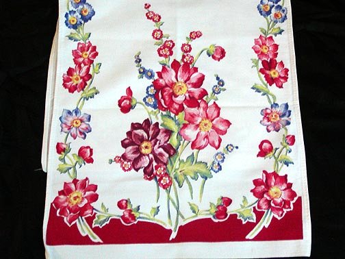 Unused Vintage Red Floral Print Kitchen Towel