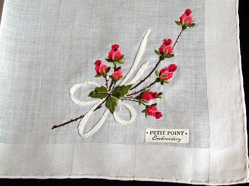 Unused Vintage PETIT POINT Embroidered Red Roses Handkerchief