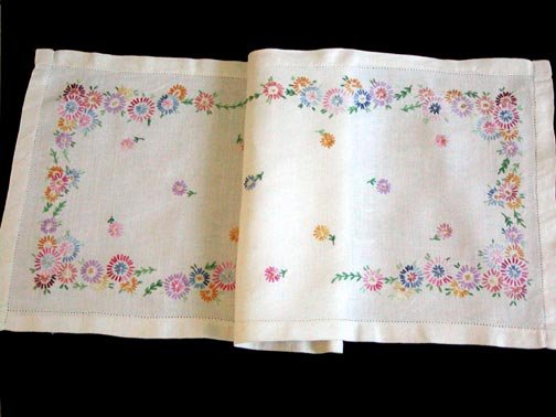 Vintage Hand Embroidered Linen Runner