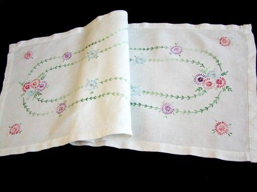 Vintage Hand Embroidered Floral Linen Runner
