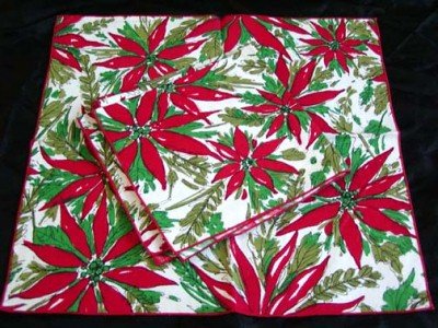 Unused Set of 4 Vintage Poinsettia Print Linen Cotton Napkins
