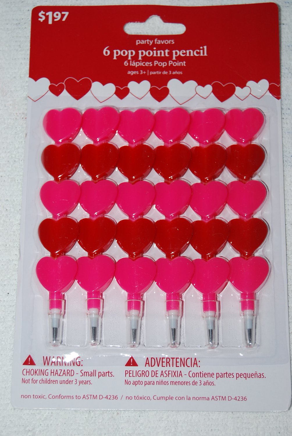 6 Pop Point Pencil Party Favors Pink & Red Hearts