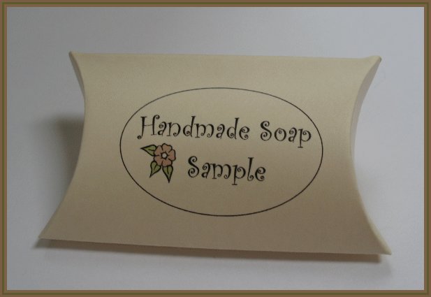 25 Bath & Body Printed Pillow Boxes- Dark Ivory - Text: Handmade Soap Sample with Matching Tags