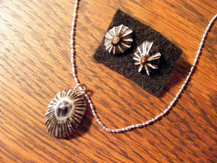 Item 019. Black and silver Limpet shell pendant on silver chain with earrings