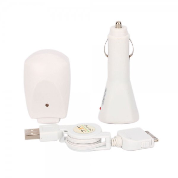 USB Cable + Car + Wall Charger for iPod/iPhone White