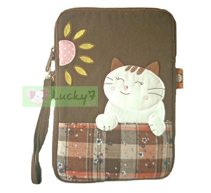 Apple iPad mini Case Pouch Cover / Kindle / Galaxy Tab2 : Brown Lucky Cat