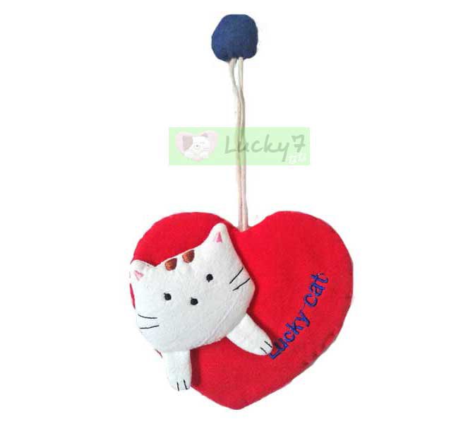 Cotton Fabric Key Chain Cover Holder / Lucky Cat Love & Heart / Red