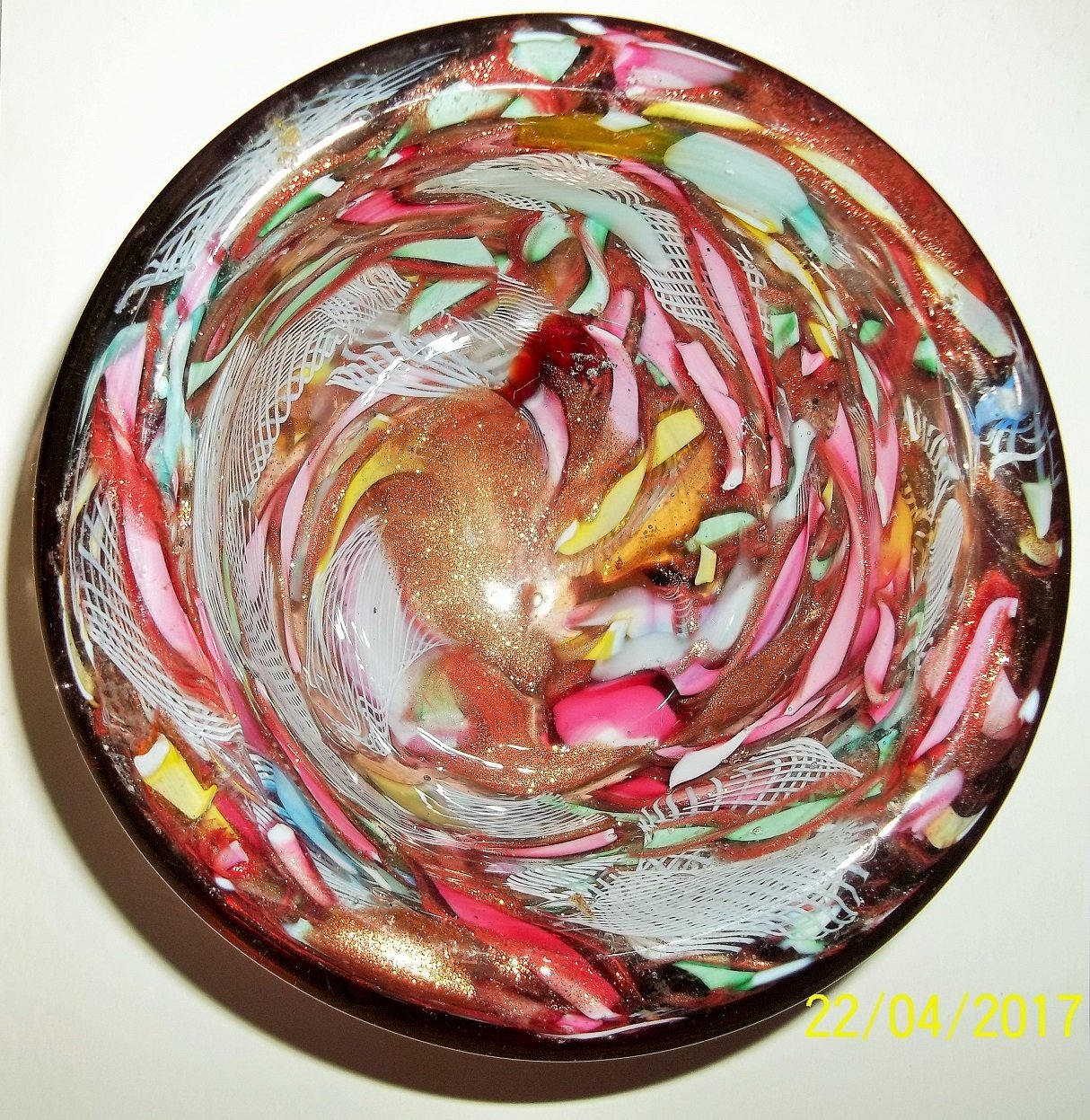 VINTAGE MCM! MURANO ITALY! AVeM TUTTI FRUTTI GLASS BOWL! PINK! GOLD FLECKS!