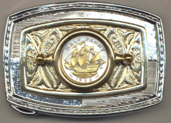 103-BB Belt Buckle-British ½ penny "Sailing ship" (size of a U.S. quarter)
